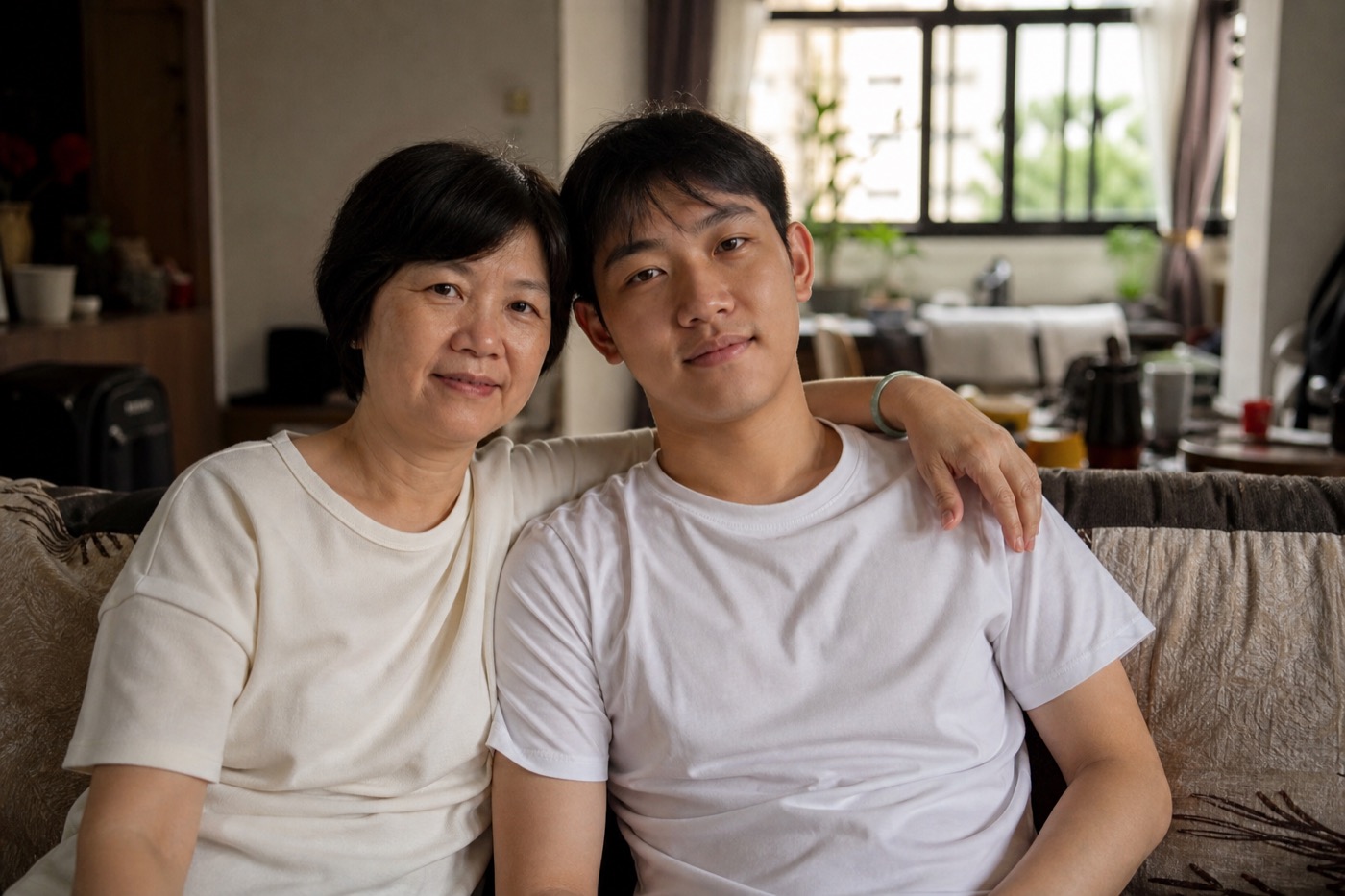 A mother at home with her adult son